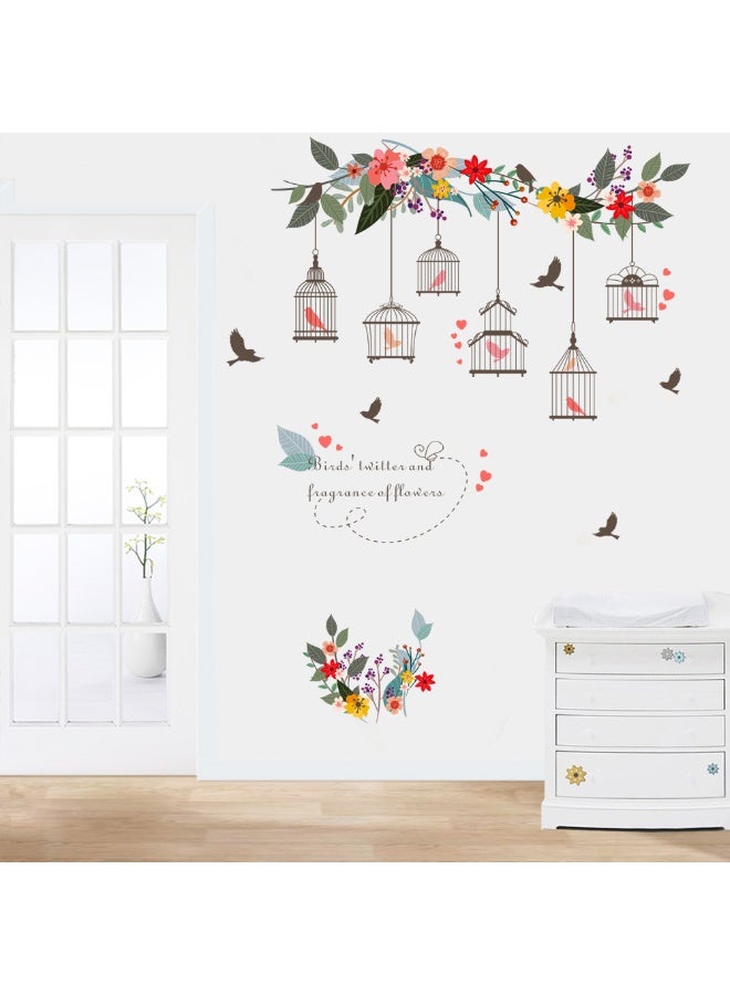 Romantic Cartoon Floral Bird Bedroom Wall Sticker Personality Cute Birdcage Wall Decor For Kids Room House Window Decoration - Image 2