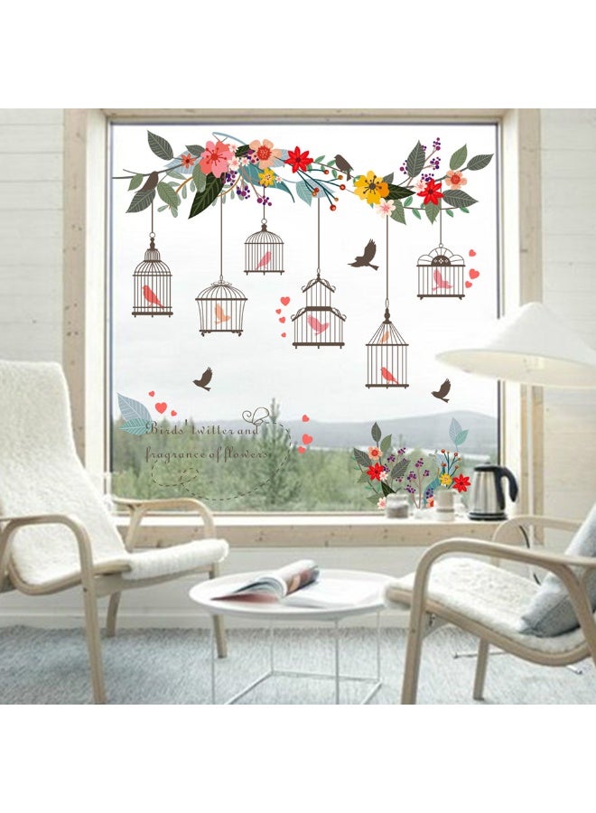Romantic Cartoon Floral Bird Bedroom Wall Sticker Personality Cute Birdcage Wall Decor For Kids Room House Window Decoration - Image 5