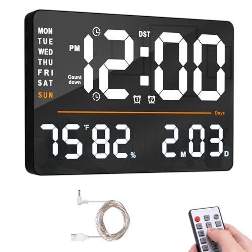 SYGNIUS Digital Wall Clock, Large Display, Dual Alarms, Automatic Brightness Dimmer- Track Time, Date, Day of Week and Temperature, with Remote Control (Square Orange) - Image 1