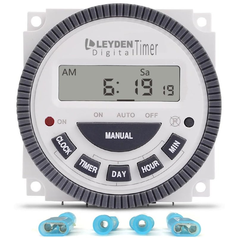 LEYDEN Digital Programmable Electronic Timer Switch 4 Pin 230 Volt AC TM619H2 30A 18 Programs Digital Timer with Clock and Auto Cut Off Function White - Image 1