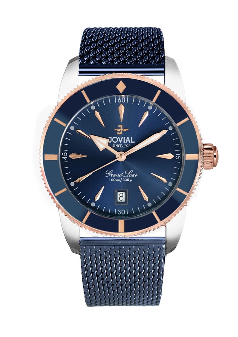 JOVIAL 1535GAMQ04E Men's Stainless Steel Woven Mesh Band Watch, Ceramic Bezel, Blue Dial, Sporty Elegant Design, 41MM - Image 1