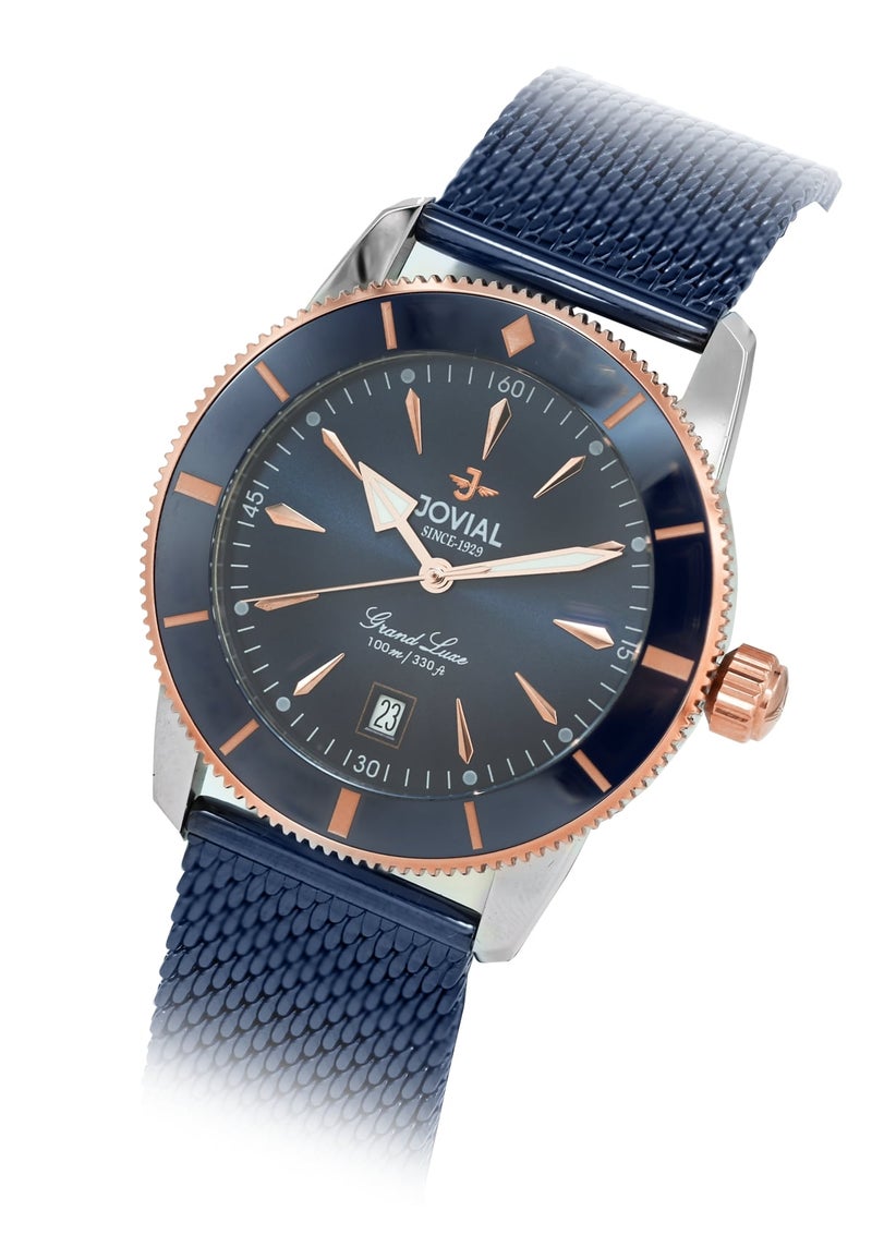 JOVIAL 1535GAMQ04E Men's Stainless Steel Woven Mesh Band Watch, Ceramic Bezel, Blue Dial, Sporty Elegant Design, 41MM - Image 2