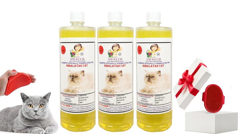 Swacch Himalayan Cat Shampoo -1 Litre (Pack of 3) (Lemon) + Bath Brush with Adjustable Straps Combo Pack - Image 1
