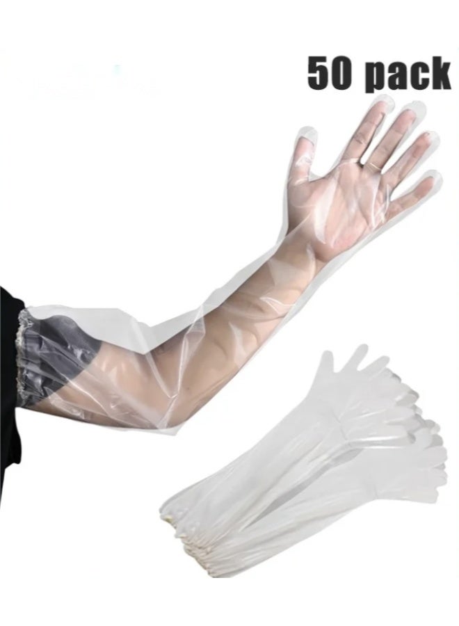 50 Pieces Disposable Waterproof Long Gloves 60cm with Elastic Cuff Household Cleaning Gloves Thick, Waterproof Cpe Gloves, Cleaning Gloves for Kitchen Dishwashing Food Vegetable Washing (Clear) - Image 1
