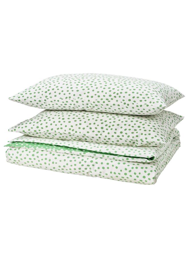 erorex Duvet Cover And 2 Pillowcases, Green White/Dotted, 240X220/50X80 Cm - Image 1