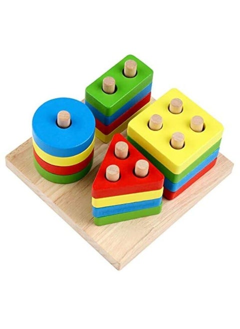 Children puzzle wooden four sets of column toys early education wisdom set of column intelligence geometric shape cognition matching blocks