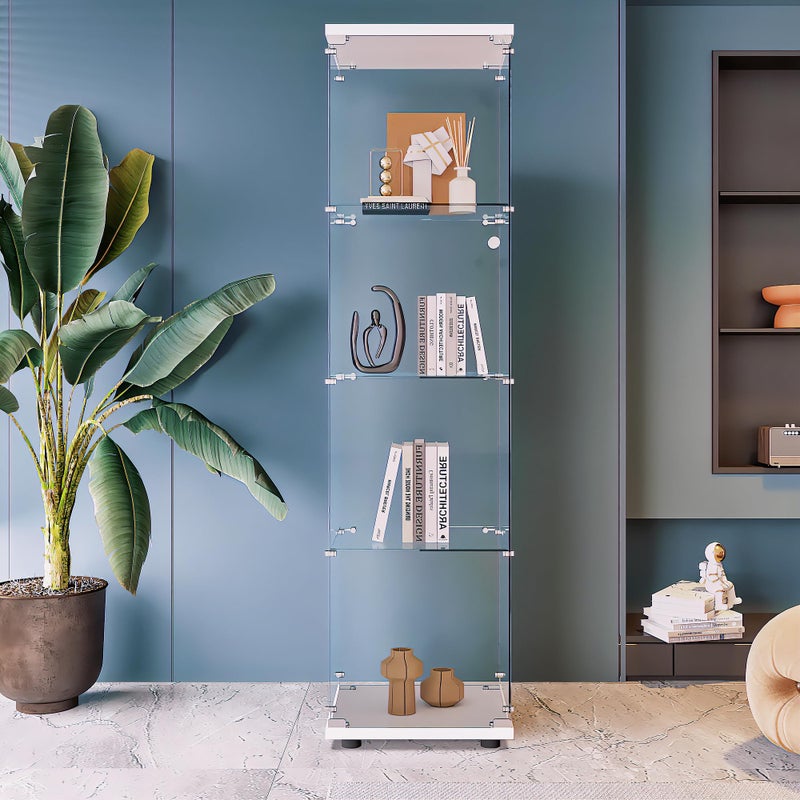 Beauty4U خزانة عرض زجاجية Beauty4U مع 4 رفوف خزائن كوريوم لغرفة المعيشة وغرفة النوم والمكتب بيضاء قائمة على الأرض خزانة كتب زجاجية سهلة التركيب