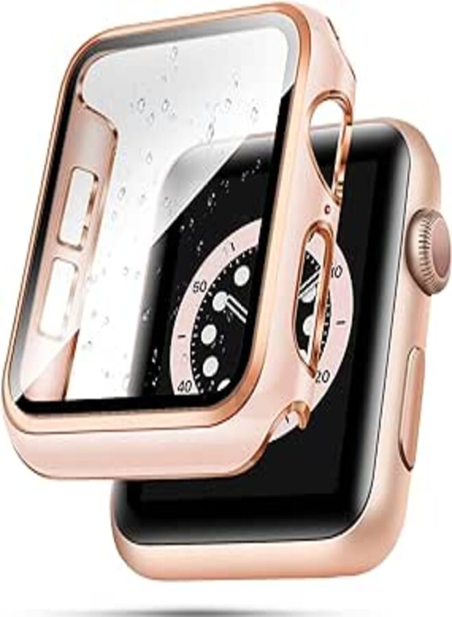 حافظة top4cus مقاس 45 مم متوافقة مع Apple Watch، مع واقي شاشة زجاجي مقوى مدمج، غطاء من البولي كربونات لسلسلة iWatch 9/8/7/SE 2rd SE 6 5 4/3 2 للاختيار (45 مم، حافة وردية + ذهبية وردية)