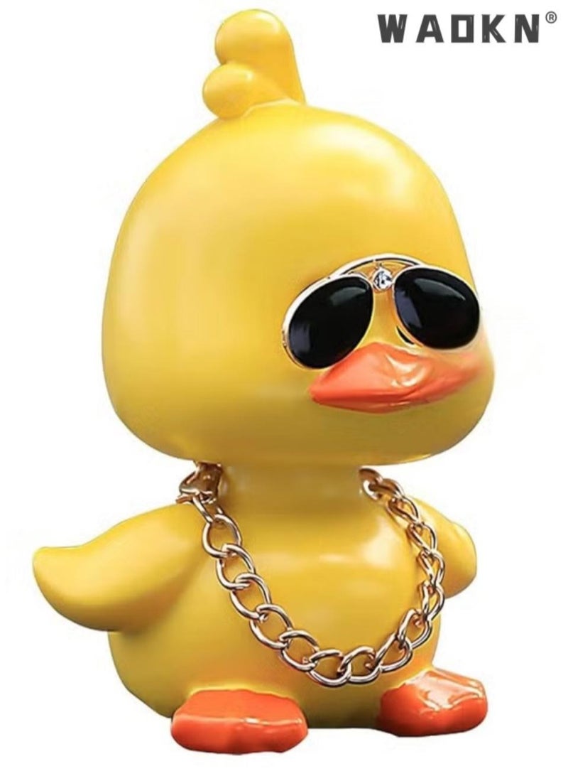 Stylish Cool Yellow Duck Car Ornament - Fun Dashboard Decoration with Sunglasses, and Gold Chain, Wobbly Head Duck Toy for a Touch of Humor and Personality in Your Vehicle