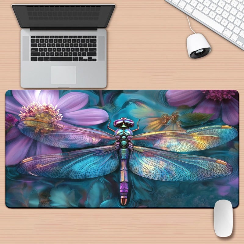 1pc Vibrant Dragonfly Floral Design Mouse Pad 23.6x11.8 Inch Non Slip Rubber Base Smooth Surface For Gaming Office Use Laptops Keyboards Desks Artistic Desk Decor - Image 1