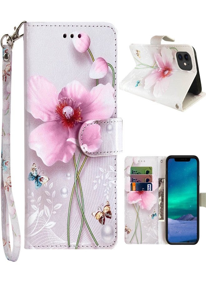 جانكالم جراب JanCalm لهاتف iPhone 12/جراب محفظة لهاتف iPhone 12 Pro، مصنوع من جلد البولي يوريثان بنقشة زهور [حزام للمعصم] [فتحات للبطاقات/النقود] غطاء قلاب مزود بحامل (زهرة لؤلؤية) - Image 1