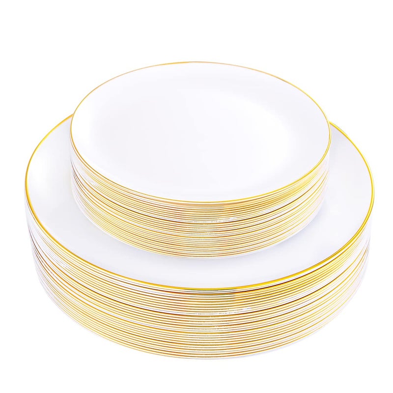 KIRE 60PCS Gold Plastic Plates - Heavy Duty White Disposable Plates with Gold Rim for Party/Wedding - Include 30Pieces 10.25inch Gold Dinner Plates and 30Pcs 7.5inch Dessert Plates - Image 1