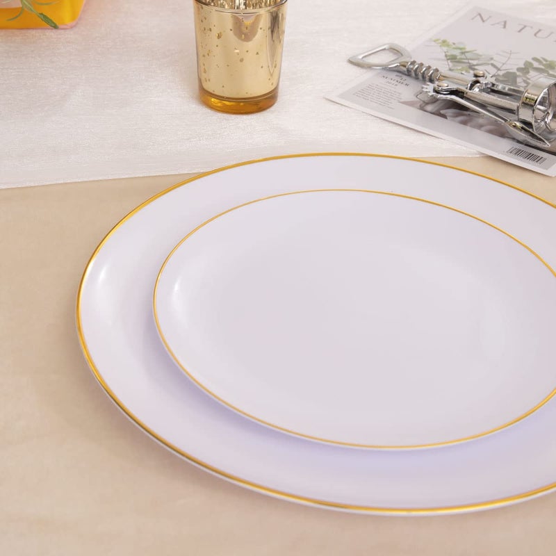 KIRE 60PCS Gold Plastic Plates - Heavy Duty White Disposable Plates with Gold Rim for Party/Wedding - Include 30Pieces 10.25inch Gold Dinner Plates and 30Pcs 7.5inch Dessert Plates - Image 3
