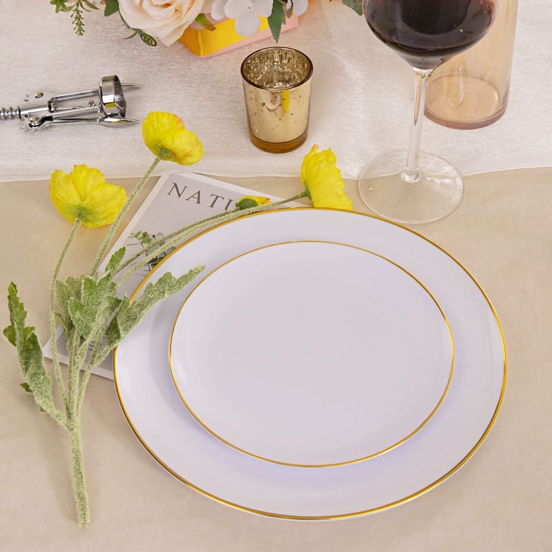 KIRE 60PCS Gold Plastic Plates - Heavy Duty White Disposable Plates with Gold Rim for Party/Wedding - Include 30Pieces 10.25inch Gold Dinner Plates and 30Pcs 7.5inch Dessert Plates - Image 4