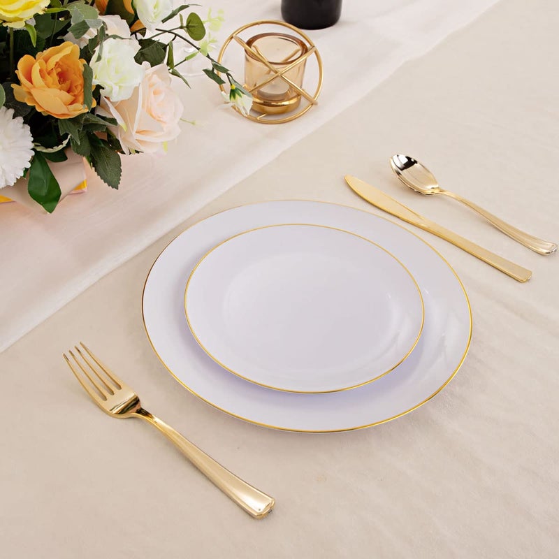 KIRE 60PCS Gold Plastic Plates - Heavy Duty White Disposable Plates with Gold Rim for Party/Wedding - Include 30Pieces 10.25inch Gold Dinner Plates and 30Pcs 7.5inch Dessert Plates - Image 5