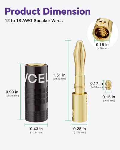 VCELINK Banana Plugs, Speaker Wire Connectors, 4mm 24K Gold Plated Dual-Screw Type for 12-18 AWG Wire, Wall Plate, Audio/Video Receiver, Sound Systems, and Home Theater(6 Pairs (12 pcs)) - Image 4