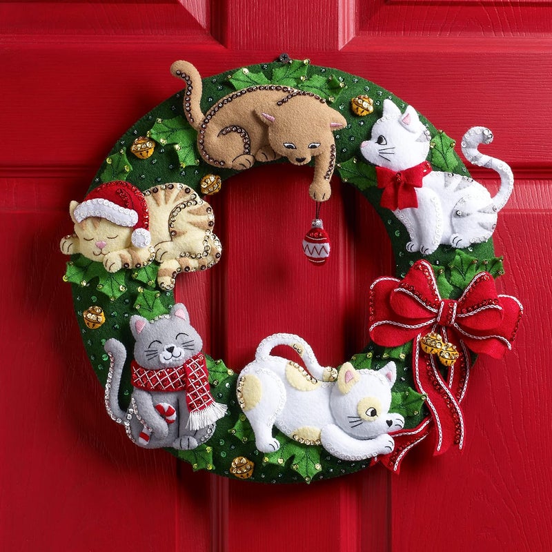 Bucilla, Holiday Housecats Felt Applique Wreath Making Kit, Perfect for DIY Needlepoint Arts and Crafts, 89490E - Image 2