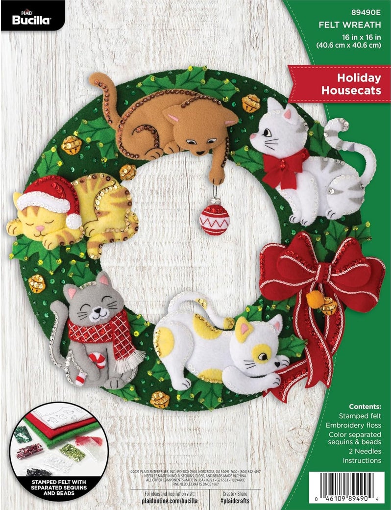 Bucilla, Holiday Housecats Felt Applique Wreath Making Kit, Perfect for DIY Needlepoint Arts and Crafts, 89490E - Image 1