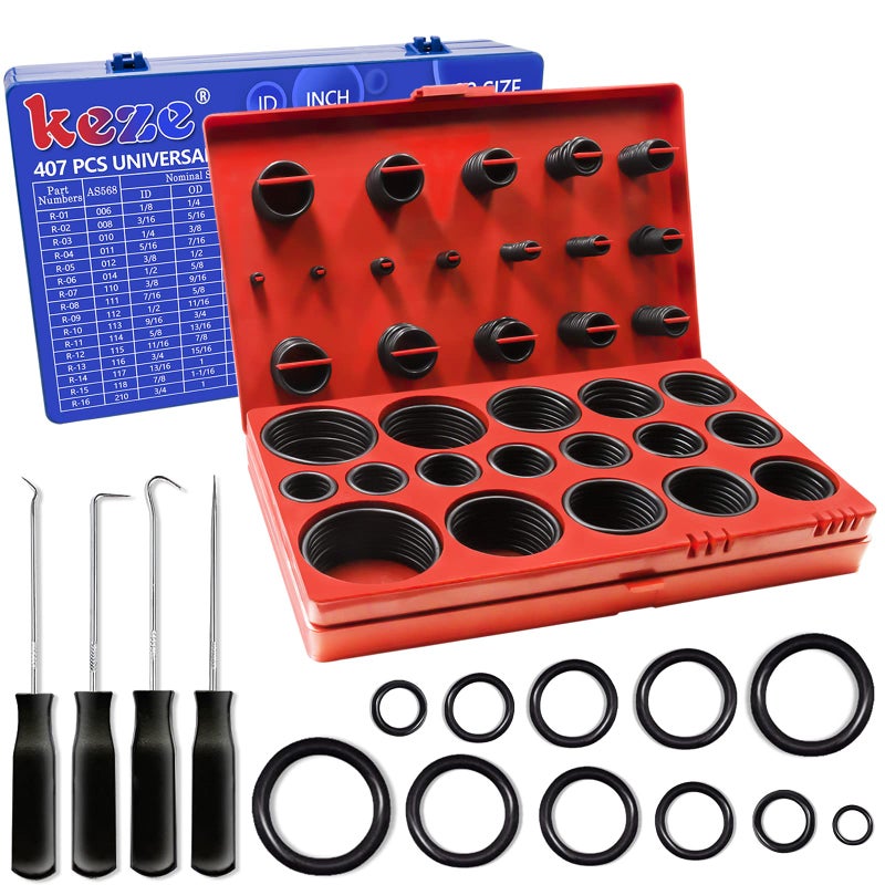KEZE 826 Pcs Universal SAE and Metric O-Rings Kit,Standard 32 Metric & Inch Sizes O ring Assortment in 2 Box with 4 Piece Pick and Hook for Automotive Faucet Hydraulics Hose Air and Gas Sealing Repair - Image 1