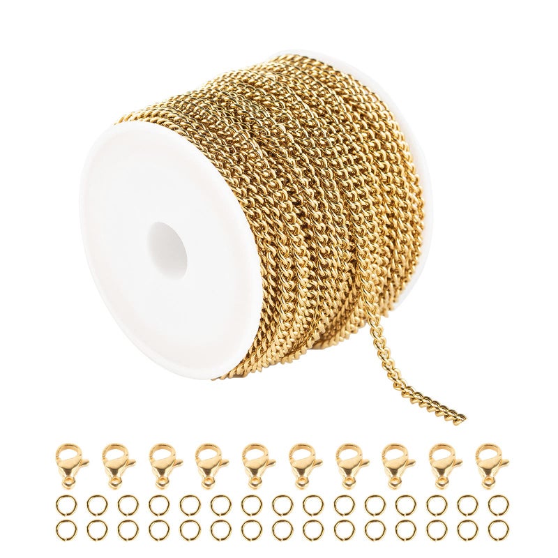 UMAOKANG Gold Chains 328 Feet 3mm Stainless Steel Curb Chain with Spool Necklace Chain Bulk with Lobster Clasps and Jump Rings for Bracelets Necklaces Jewelry Making
