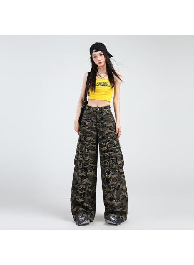 High-end Camouflage Pants Overalls Splash Ink Jeans Women's Spring And Autumn High Waist Loose Slimming Straight Leg Wide-leg Pants 