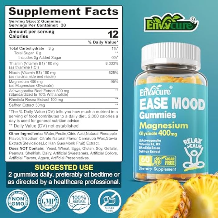 EnvyCure Sugar Free Magnesium Glycinate Gummies 400mg with Ashwagandha, B1, B3, Rhodiola Rosea & Saffron for Support Rest, Mood & Energy Calm Magnesium Gummies for Adults, Chewable Magnesium Supplement, 60Ct - Image 2