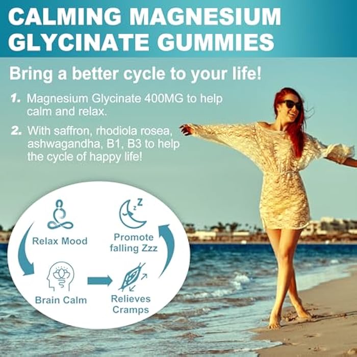 EnvyCure Sugar Free Magnesium Glycinate Gummies 400mg with Ashwagandha, B1, B3, Rhodiola Rosea & Saffron for Support Rest, Mood & Energy Calm Magnesium Gummies for Adults, Chewable Magnesium Supplement, 60Ct - Image 5