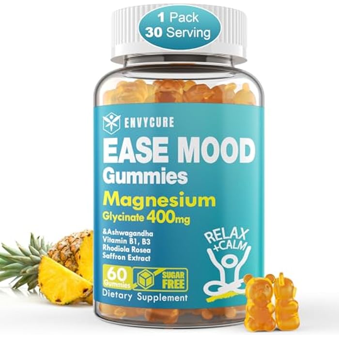 EnvyCure Sugar Free Magnesium Glycinate Gummies 400mg with Ashwagandha, B1, B3, Rhodiola Rosea & Saffron for Support Rest, Mood & Energy Calm Magnesium Gummies for Adults, Chewable Magnesium Supplement, 60Ct - Image 1
