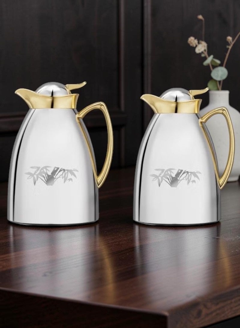 Saif Plus Stainless Steel Tea & Coffee 2 Pcs Thermos/Flasks Set. 1 Liter & 700ML- Gold & Silver - Image 1