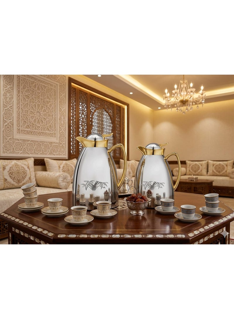 Saif Plus Stainless Steel Tea & Coffee 2 Pcs Thermos/Flasks Set. 1 Liter & 700ML- Gold & Silver - Image 2