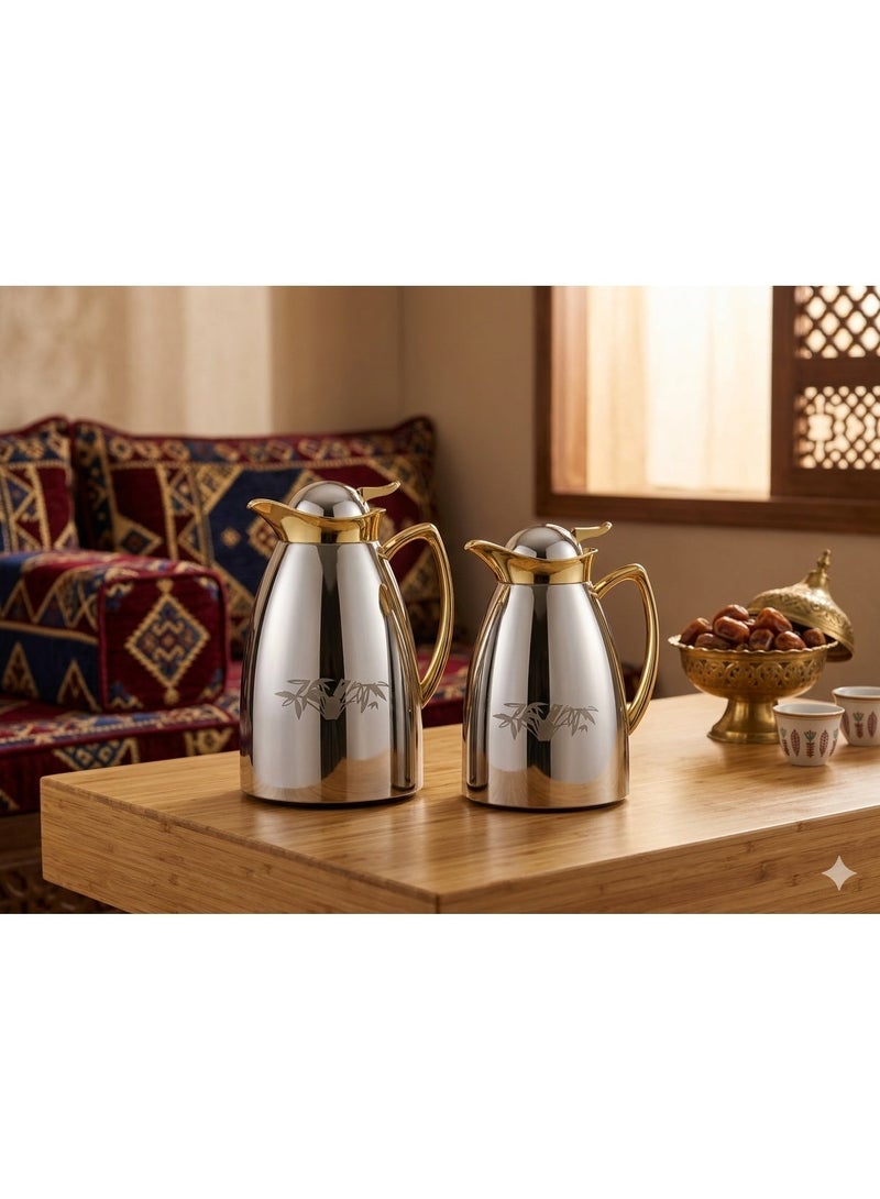 Saif Plus Stainless Steel Tea & Coffee 2 Pcs Thermos/Flasks Set. 1 Liter & 700ML- Gold & Silver - Image 3