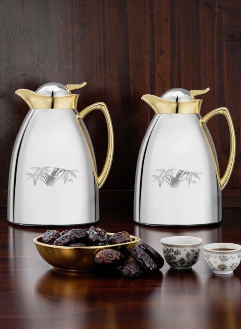 Saif Plus Stainless Steel Tea & Coffee 2 Pcs Thermos/Flasks Set. 1 Liter & 700ML- Gold & Silver - Image 5