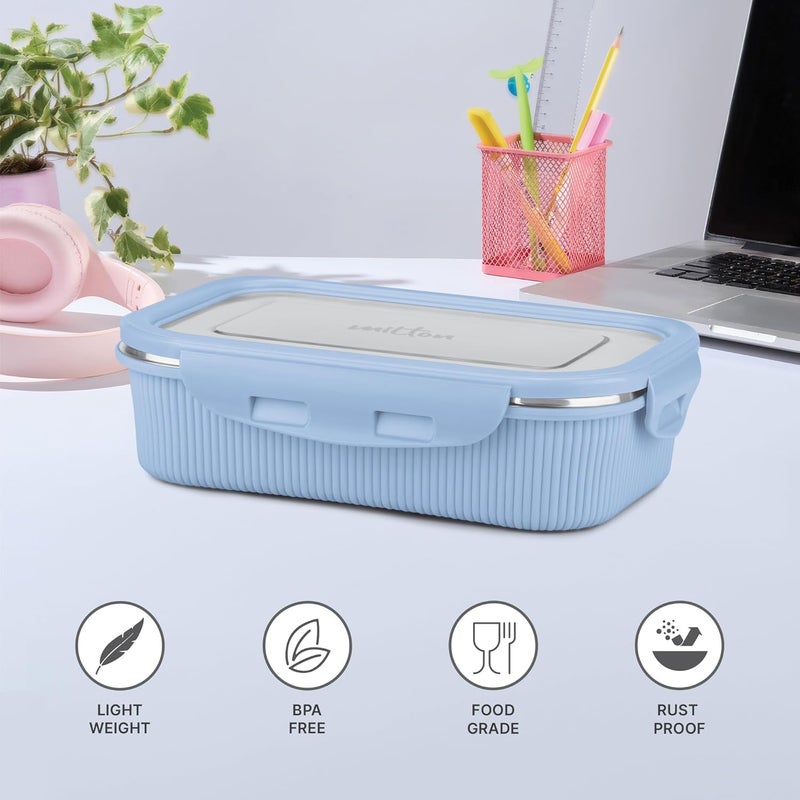 Milton MILTON Cool Touch Rectangular 400 Stainless Steel Container, 380 ml, Blue, Microwave Safe, Food Grade, BPA Free, Refrigerator Safe - Image 2