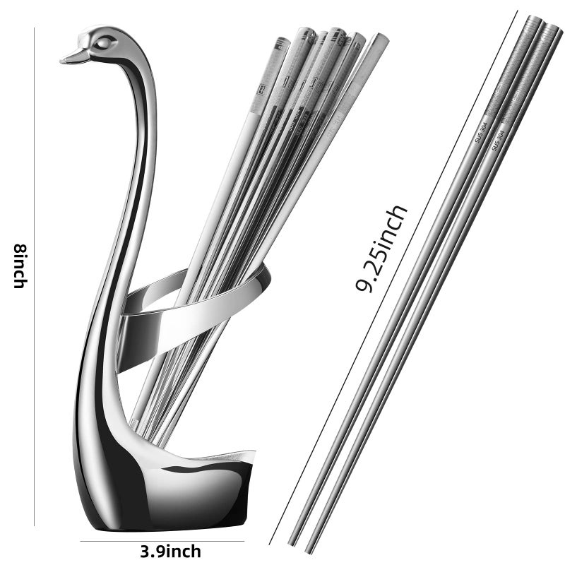 Ansaw Silver Swan Base Holder With 5 Pairs 304 Stainless Steel Chopsticks Reusable Metal Square Chopsticks Anti-Slip And Anti-Scalding Chopsticks 18/8 - Image 2