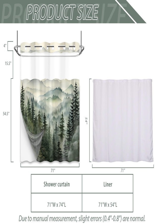 QGHOT Forest Hookless Shower Curtain with Snap in Liner, Nature Mountain No Hook Double Layer Shower Curtain and Liner Set, Ringless with Window Waterproof Cloth Fabric, 71" W x 74" L, Green - Image 5