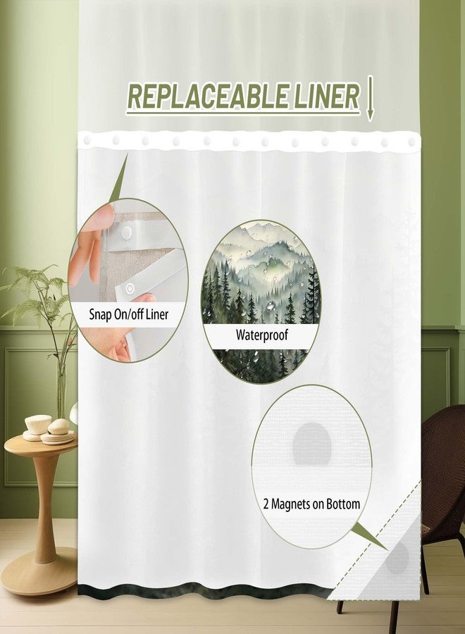 QGHOT Forest Hookless Shower Curtain with Snap in Liner, Nature Mountain No Hook Double Layer Shower Curtain and Liner Set, Ringless with Window Waterproof Cloth Fabric, 71" W x 74" L, Green - Image 4