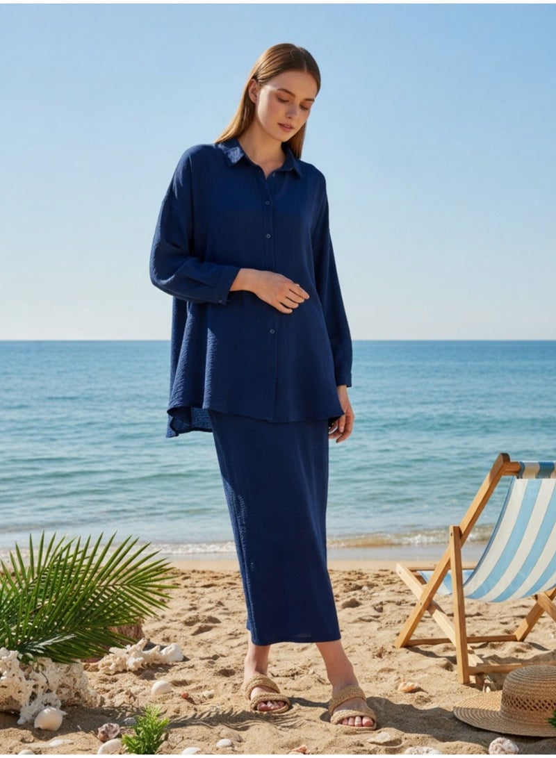 Women's Casual Solid Color 2-Piece With Full Sleeves Shirt & Wide Leg Trousers, Women Button-Front Co-Ord Top And Pant, Two Piece Relaxed Fit Shirt & Trouser Travel & Lounge Set - Image 1