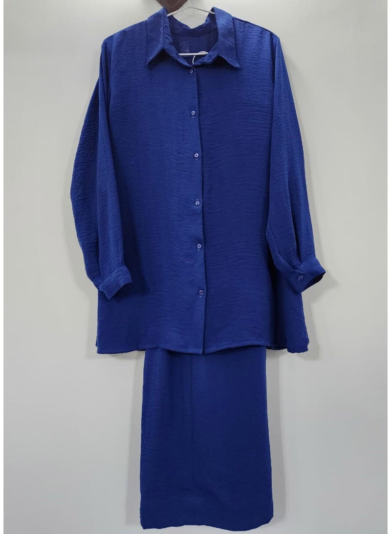 Women's Casual Solid Color 2-Piece With Full Sleeves Shirt & Wide Leg Trousers, Women Button-Front Co-Ord Top And Pant, Two Piece Relaxed Fit Shirt & Trouser Travel & Lounge Set - Image 3