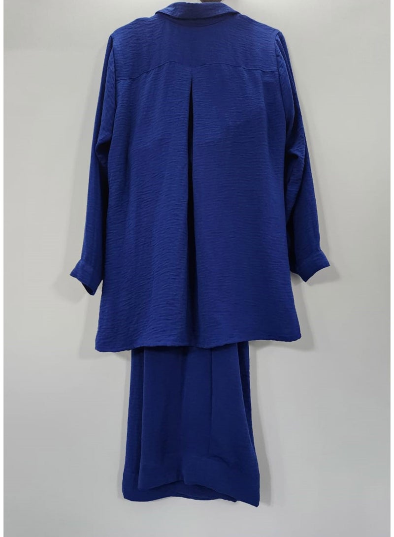 Women's Casual Solid Color 2-Piece With Full Sleeves Shirt & Wide Leg Trousers, Women Button-Front Co-Ord Top And Pant, Two Piece Relaxed Fit Shirt & Trouser Travel & Lounge Set - Image 4