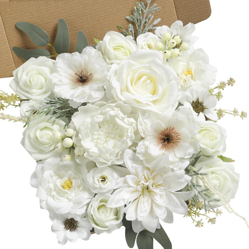Koroni Flowers Artificial Flowers Combo Box Set White Flowers Silk Fake Roses with Stems for DIY Wedding Bouquets,Floral Arrangement,Table Centerpieces,Baby Shower, Home Decor - Image 1