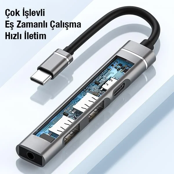 بولهاموبيل Polham 4in1 Type C Coupler Converter Hub, 2x USB, 1x Type C and 1x 3.5mm Port Adapter