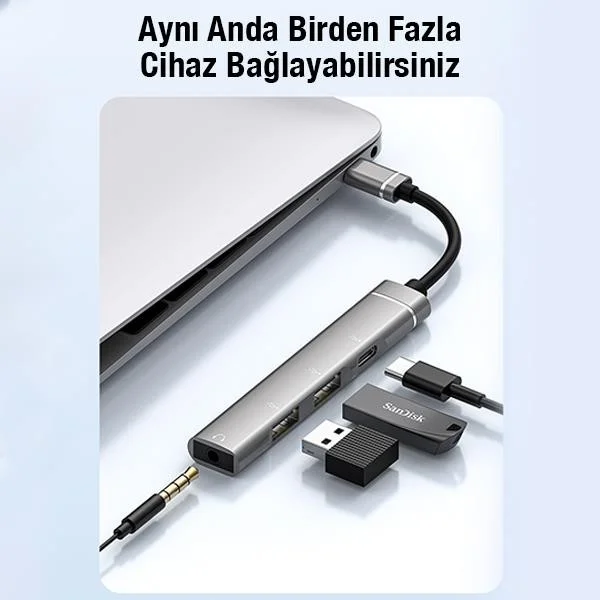 بولهاموبيل Polham 4in1 Type C Coupler Converter Hub, 2x USB, 1x Type C and 1x 3.5mm Port Adapter