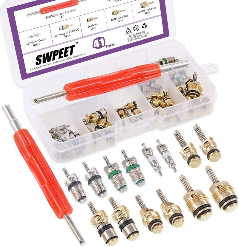 Swpeet 41Pcs R12 / R134a AC Master Valve Core Repair Kit, Including Assortment R12 R134a Valve Core Refrigeration Tire Stem with Remover Tool for Most Cars - Image 1