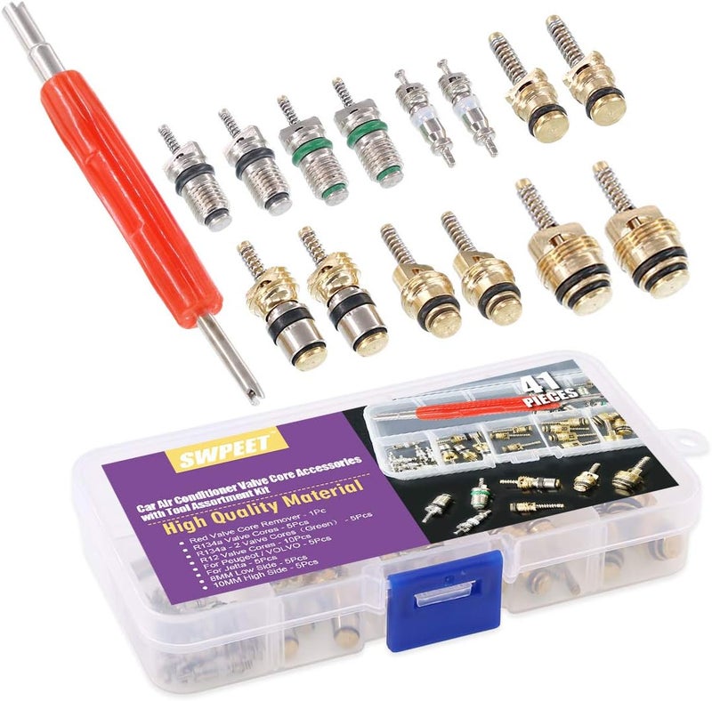 Swpeet 41Pcs R12 / R134a AC Master Valve Core Repair Kit, Including Assortment R12 R134a Valve Core Refrigeration Tire Stem with Remover Tool for Most Cars - Image 5
