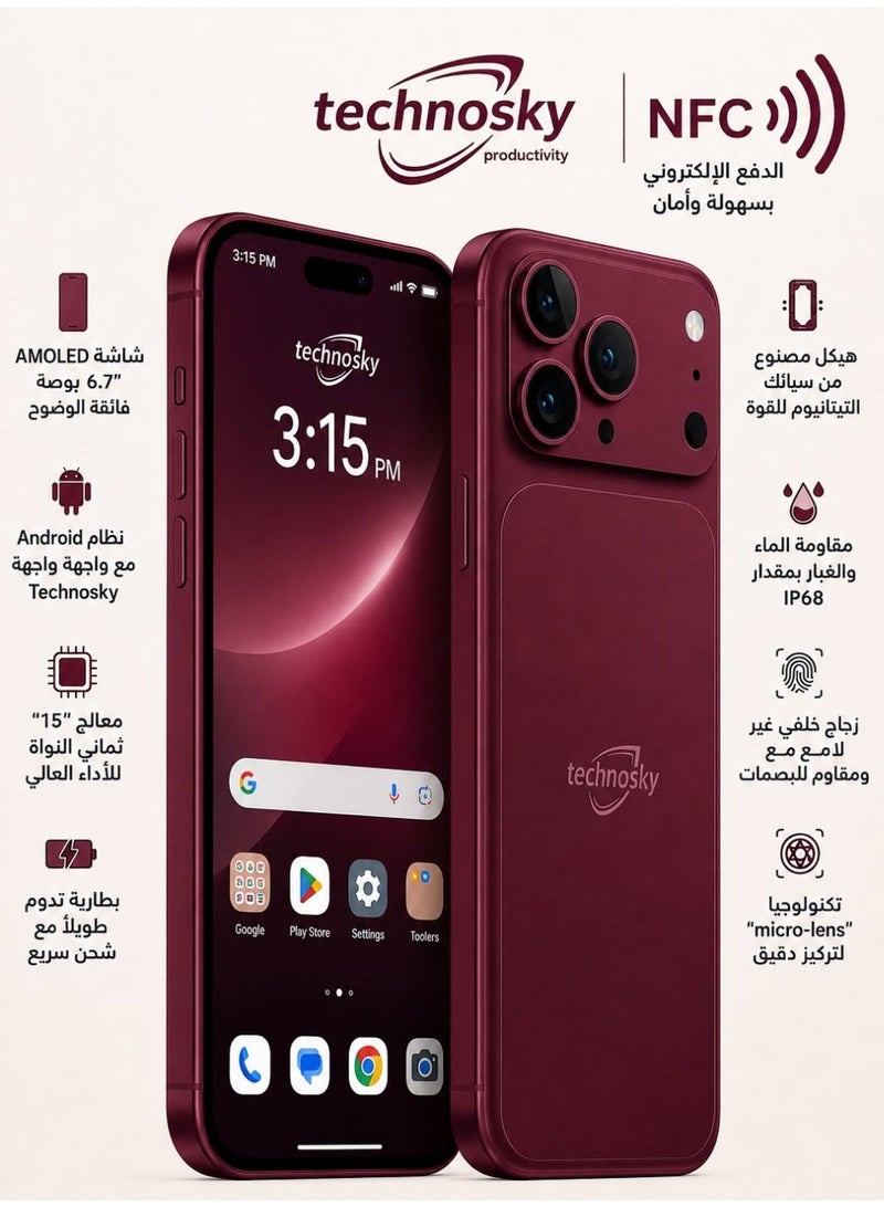  تكنو سكاي هاتف ذكي تكنو سكاي   17 PRO MAXشبكة 5G شاشة عريضة احمر 6.6 بوصة الدفع الإلكتروني (NFC) - Image 1