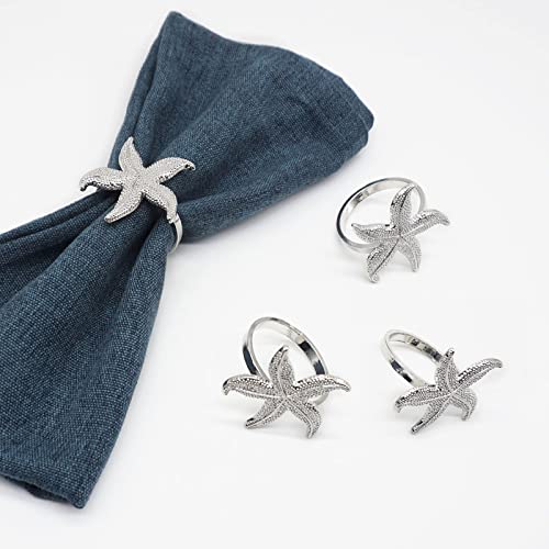 Utalek Starfish Napkin Rings Set of 6, Sea Star Silver Napkin Ring Holders for Nautical, Dinner Party, Summer, Wedding, Theme Party, Beach, Coastal Table Decor and Daily Use (6, Starfish Silver) - Image 1