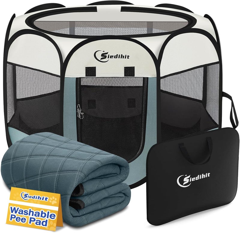Siedihit Pink Puppy Playpen for Middle Dog Cat, Dogs Tent Crate Cage Indoor/Outdoor, Portable Pop Up Dog Kennel with Carrying Bag for Rabbits, Removable Top (Grey with Pad, Large) - Image 1