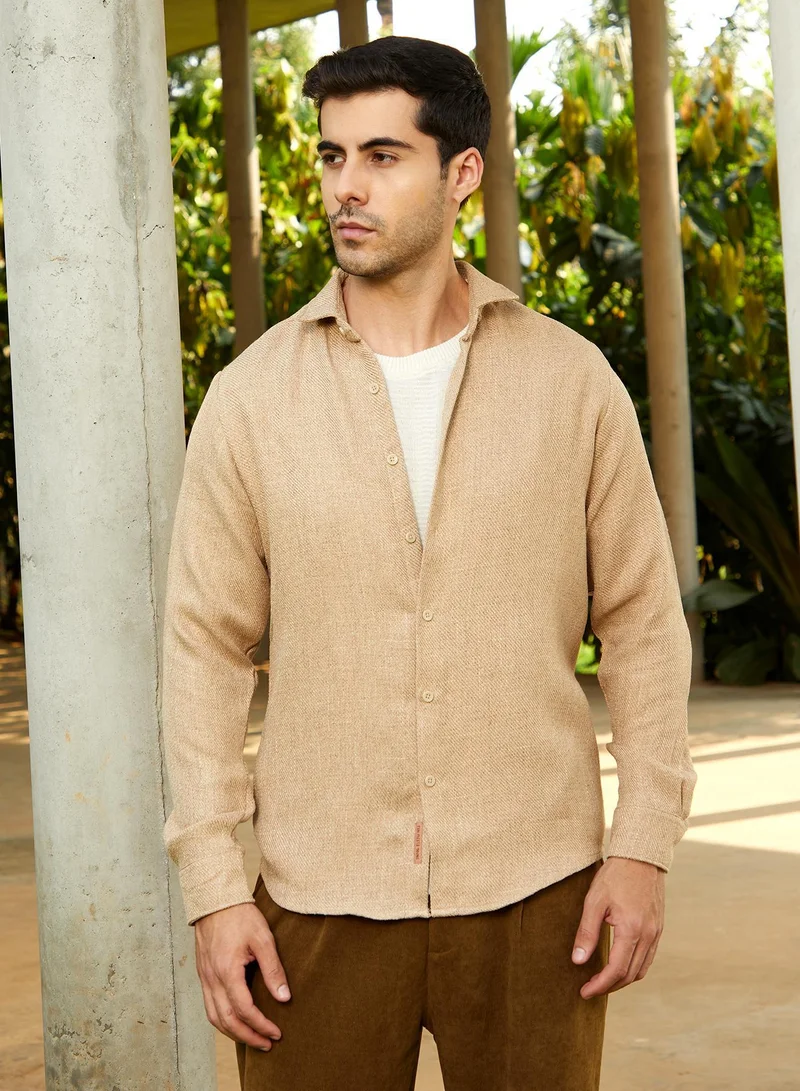 Campus Sutra Men's Sand Beige Solid Woven Shirt