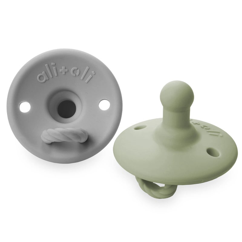 Ali+Oli Pacifier for Baby (2-pk) Set Original Round (Grey-Sage) Concaved Shield Newborn Pacifiers, BPA-Free Silicone Baby Pacifier Set, Baby Binkies, Chupones para Bebes - Image 1
