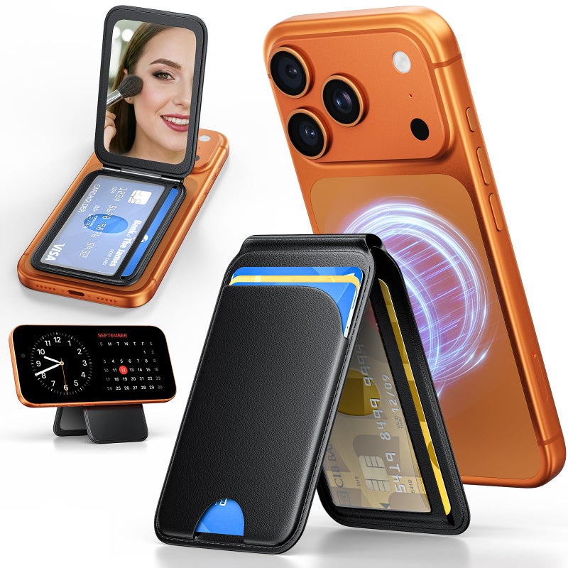 QYQBOON Magnetic Phone Wallet With Makeup Mirror - Mag Safe Wallet Leather RFID-Blocking Mag-Safe Card Holder for iPhone 17/16/15/14/13/12 Series, Not for iPhone 13/12 Mini (Black) - Image 1